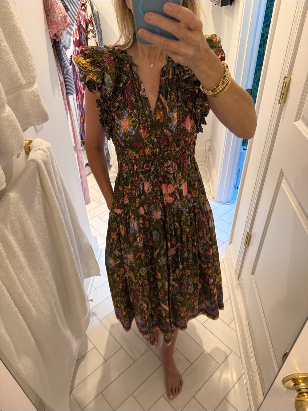 Ulla Johnson  Ruffle Sleeve Midi Dress - Green Multi